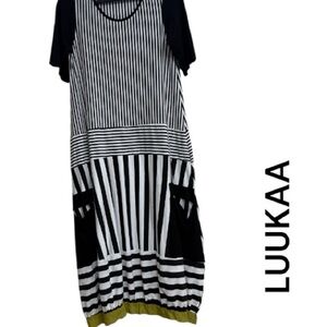 Luukaa Black White Stripe Artistic Dress Dramatic Style Pocket Size S/M
